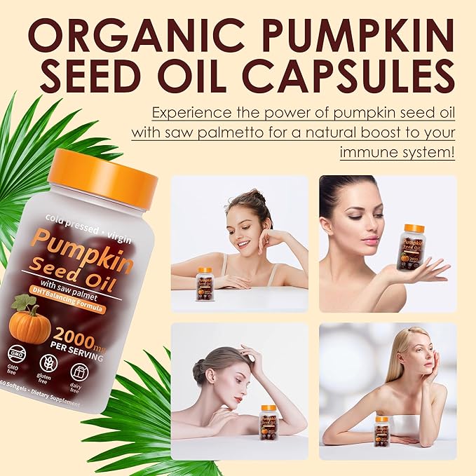 Pumpkin Seed Oil Capsules, 2 in 1 Pumpkin Seed Oil for Hair Growth, 2000mg Per Serving with Saw Palmetto, Cold Pressed, Supports Hair, Heart, Skin Herbal Supplement, Non-GMO, Gluten Free, 60 Softgels