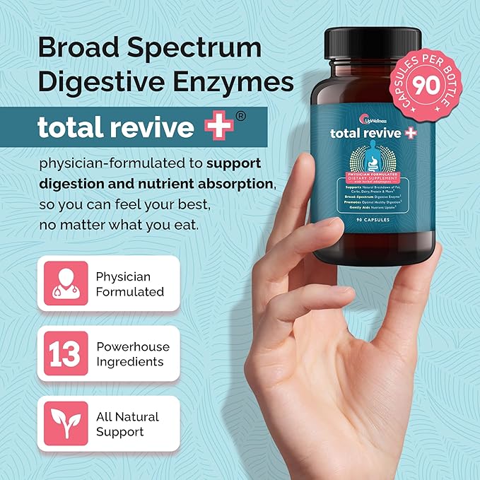 Total Revive+ Digestive Enzymes - Broad-Spectrum Enzymes for Digestive Health - Supports Gut Health and Nutrient Absorption - Physician Formulated - 90 Capsules
