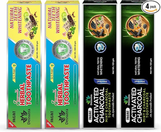 Jagat Devsutra Activated Charcoal & Fresh Mint Toothpaste | Doctor Recommended Ayurvedic, Organic & Herbal | 100% Natural Teeth Whitening, No Fluoride & Artificial Colors, Gum Cure, Vegan - Pack of 4