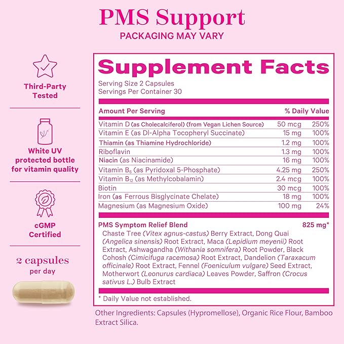 Pink Stork PMS Supplement for Women - Vitex, Ashwagandha, Maca Root & 10 Vitamins & Minerals to Support Hormone Balance, Mood, Bloating, Period Regularity - 60 Capsules