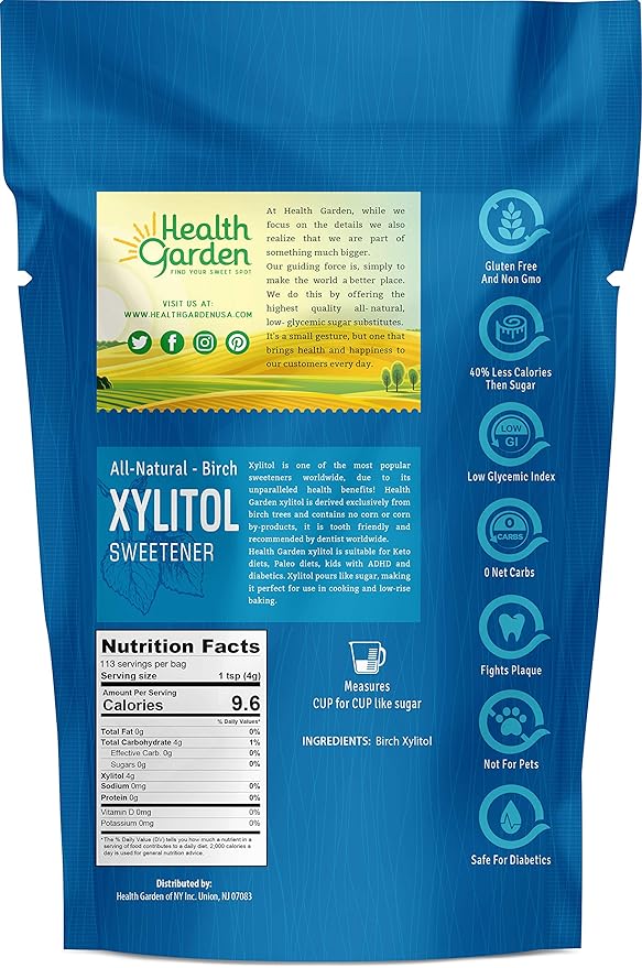 Health Garden Birch Xylitol Sweetener - 1 LB x 2 Resealable Bag - Pure Birch Xylitol - Non GMO, Kosher, and Made in the U.S.A. - Ideal Powdered Sugar Substitute - Non-GMO Sugar Alternative