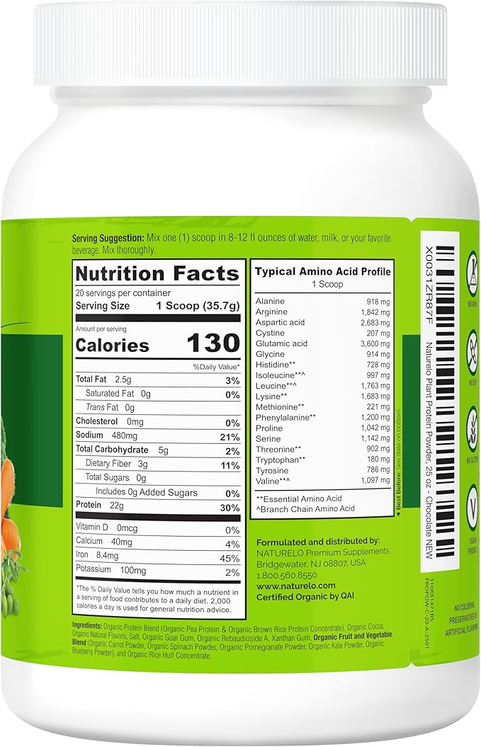 NATURELO Plant Protein Powder, Chocolate, 22g Protein - Non-GMO, Vegan, No Gluten, Dairy, or Soy - No Artificial Flavors, Synthetic Coloring, Preservatives, or Additives - 20 Servings