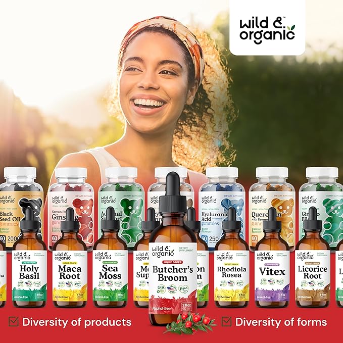 Wild & Organic Butchers Broom Root Drops - Liquid Supplement for Leg Support - Alcohol Free Butcher's Broom Tincture - Ruscus Aculeatus Herb - Vegan, Non-GMO, No Sugar - 2 fl oz