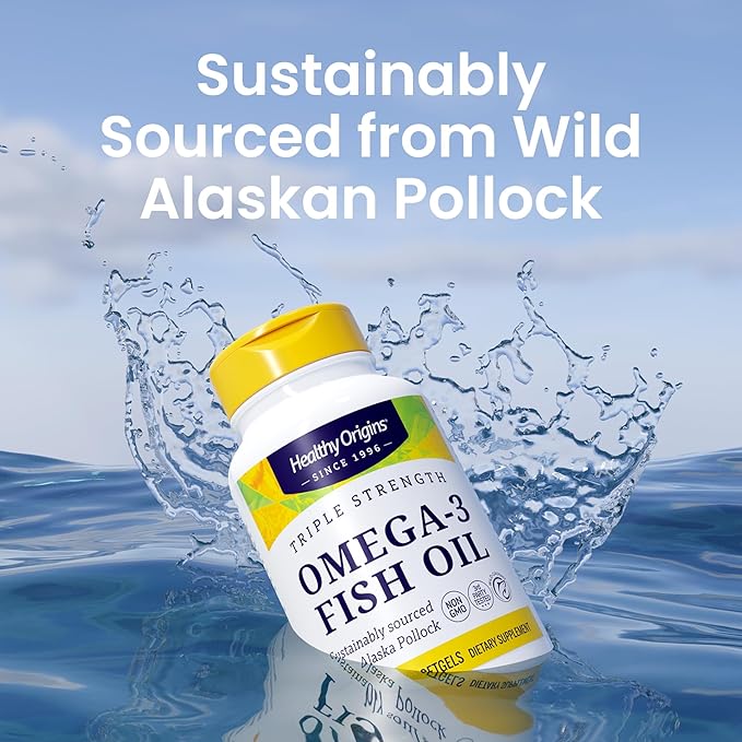 Healthy Origins Triple Strength Omega 3 Fish Oil 1250mg from Wild Alaska Pollock, with DHA, EPA & Omega 3s, Gluten-Free Non-GMO 180 Softgels