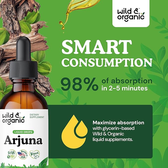 Wild & Organic Arjuna Tincture - Overall & Antioxidant Support Supplement - Terminalia Arjuna Bark Extract Drops - Vegan, Sugar & Alcohol-Free - 2 fl oz
