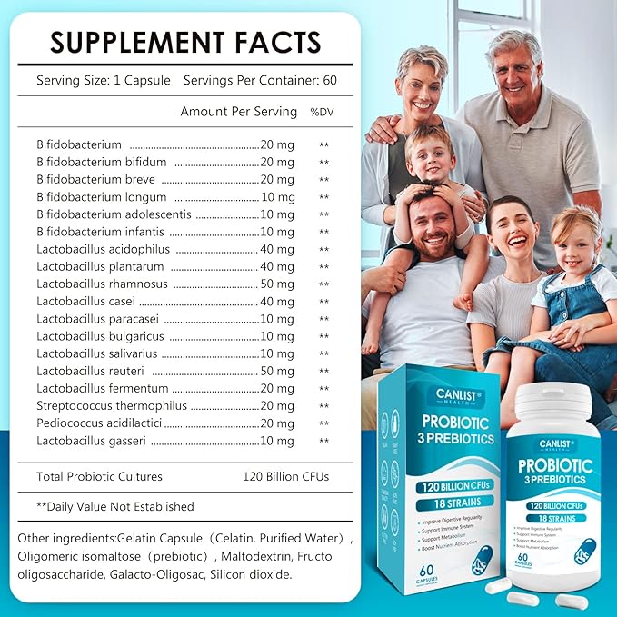 Probiotics 120 Billion CFUs 18 Strains, 3 Prebiotics & Digestive Enzymes for Men Women,Digestive & Immune Support,Shelf Stable Non-GMO 60 Capsules