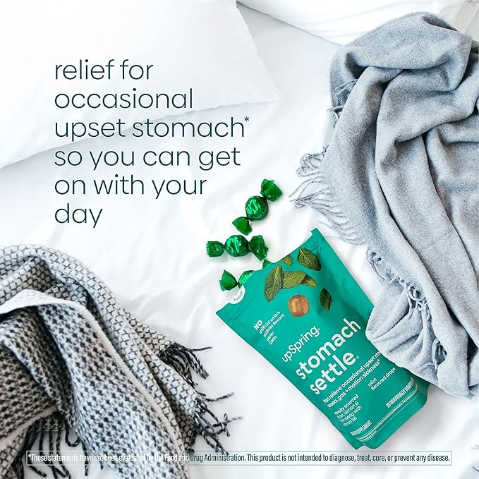 UpSpring Stomach Settle Drops for Occasional Nausea Relief/Upset Stomach with Ginger, Lemon, Spearmint, and B6. Mint Flavor Drops, 28 Ct(Packaging May Vary)