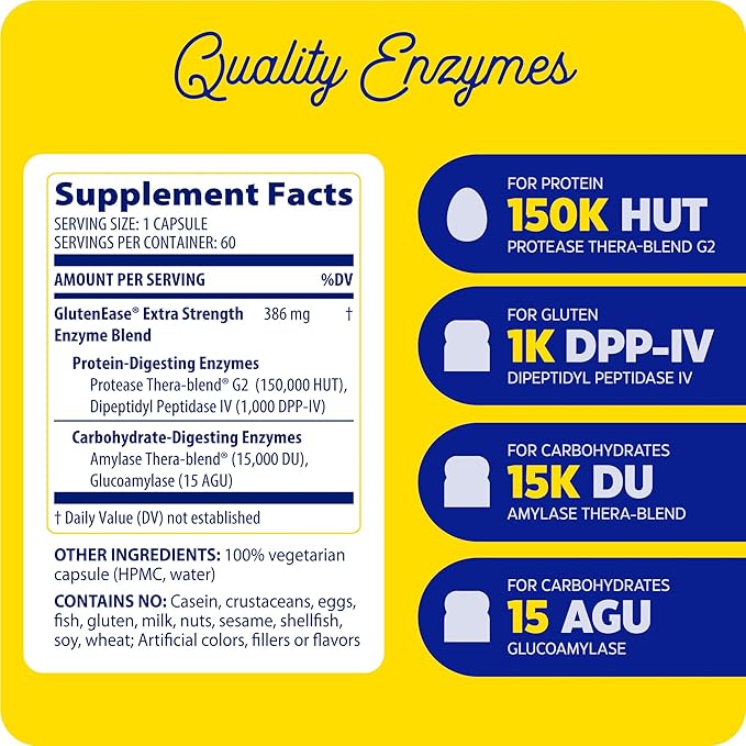 Enzymedica, GlutenEase Extra Strength, Maximum Potency Digestive Enzymes, Supports Gluten & Casein Intolerance, 60 Count