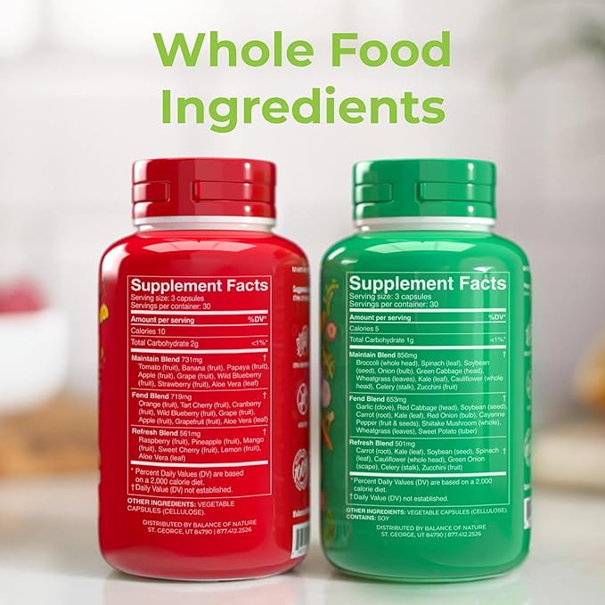 Balance of Nature Fruits and Veggies Supplements - Whole Fruit and Vegetable Ingredients for Women, Men, and Kids - 90 Fruit Capsules, 90 Veggie Capsules - 1 Set
