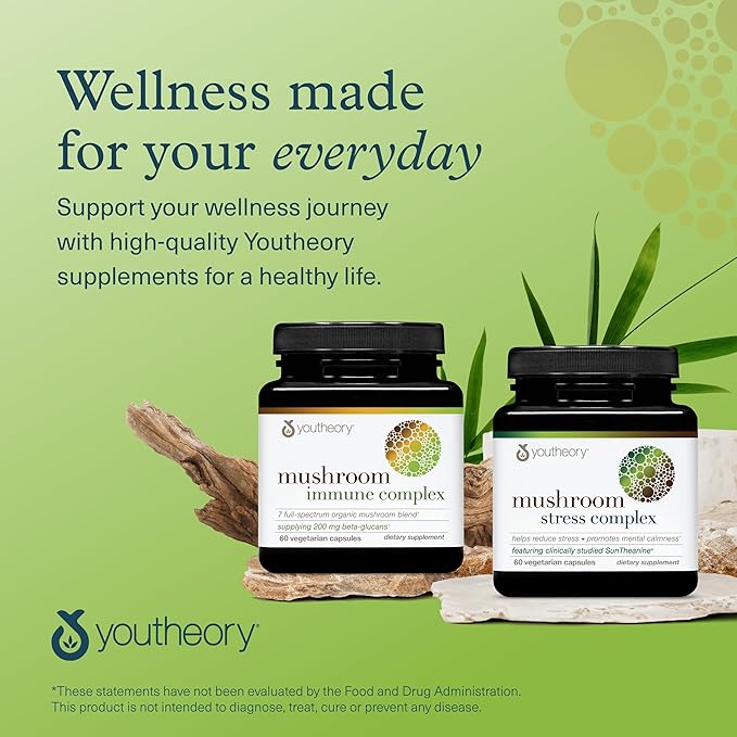 Youtheory Mushroom Stress Complex, Organic Full-Spectrum Mushrrom with L-Theanine, Help Reduce Stress and Promotes Mental Calmness, 60 Vegetarian Capsules