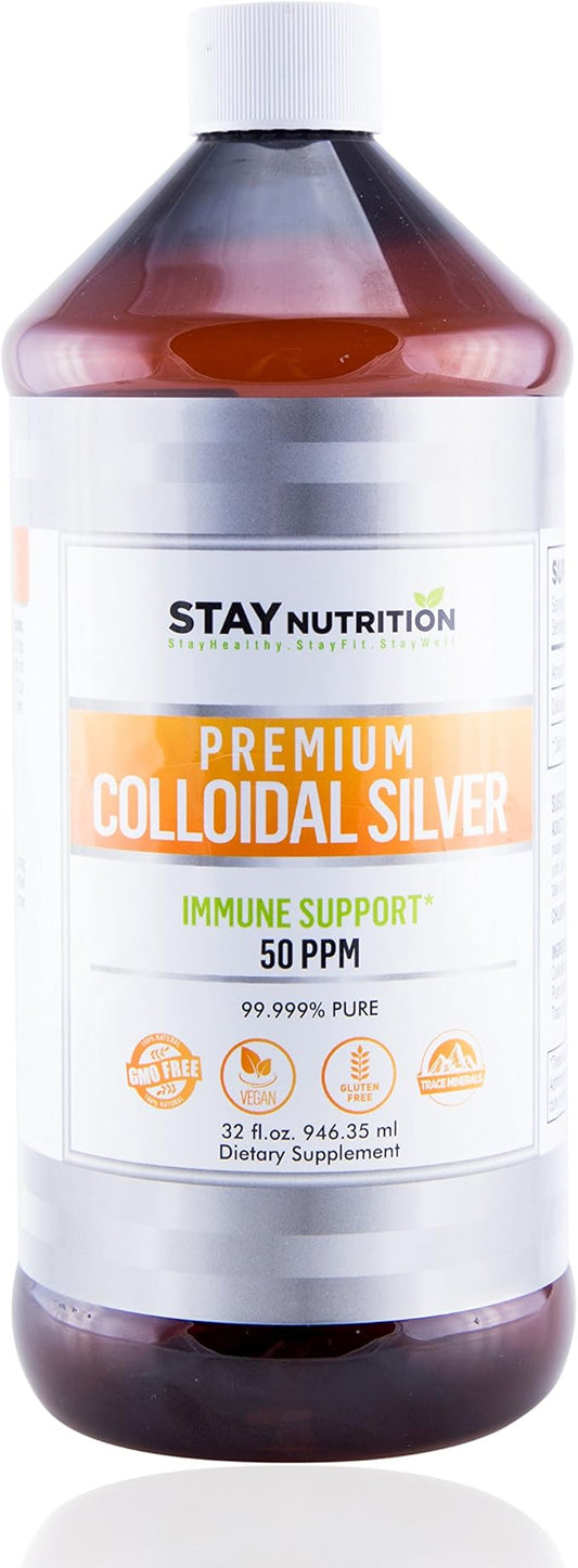 Premium Colloidal Silver Liquid 50PPM | Immune Support True Hydrosol Water Solution with Pure Plant Based Natural Minerals | Bioactive Nanoparticles Sol for Men, Women, Kids, (32 Oz)