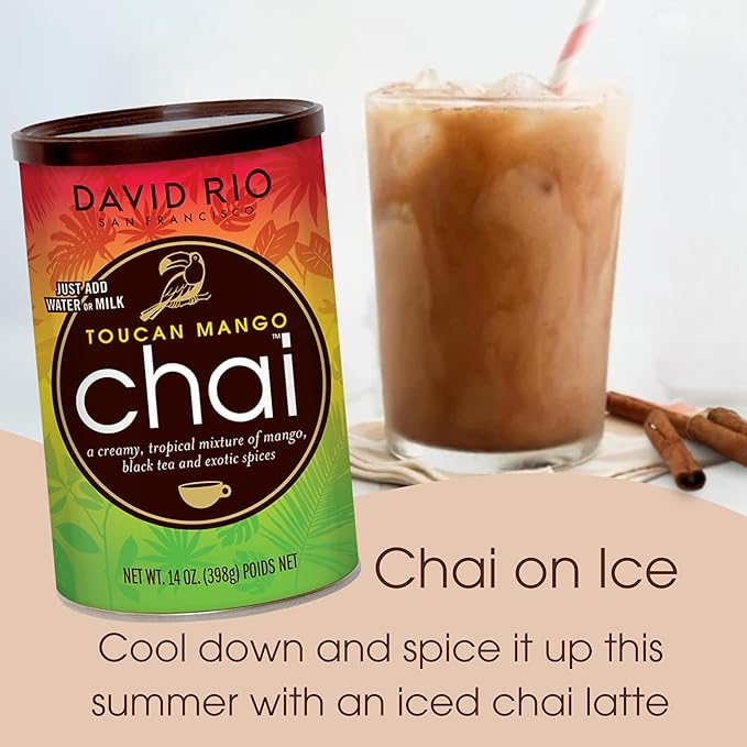 Toucan Mango Chai Tea Latte Mix, 14 Oz, Black Tea, Organic Spices, Dairy Free, Serve Hot or Cold, Just Add Water or Milk, 8 Servings