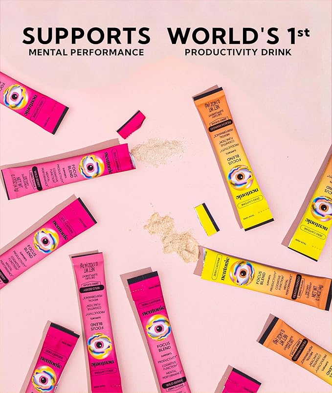 Neutonic Nootropic Focus Blend Powder | Peach Mango & Wild Berry 4 Sticks | Caffeine Free, Zero Sugar | Support Memory, Mental Clarity, Cognitive Function | Boost Focus, Energy, Brain Health
