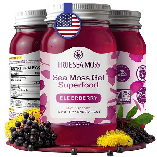 TrueSeaMoss Sea Moss Gel – Made in USA – Wildcrafted Seamoss, Fresh Fruits & Sea Vegetables – Elderberry, Pack of 1 (Labels may Vary)
