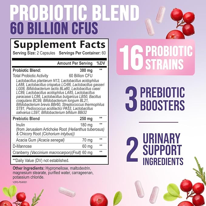 Probiotics for Women 60 Billion CFU - 16 Strains, Digestive Health, Vaginal pH & Immune Support, Prebiotics & Cranberry, Gut Health & Urinary Support, Shelf Stable Women's Probiotic - 120 Capsules
