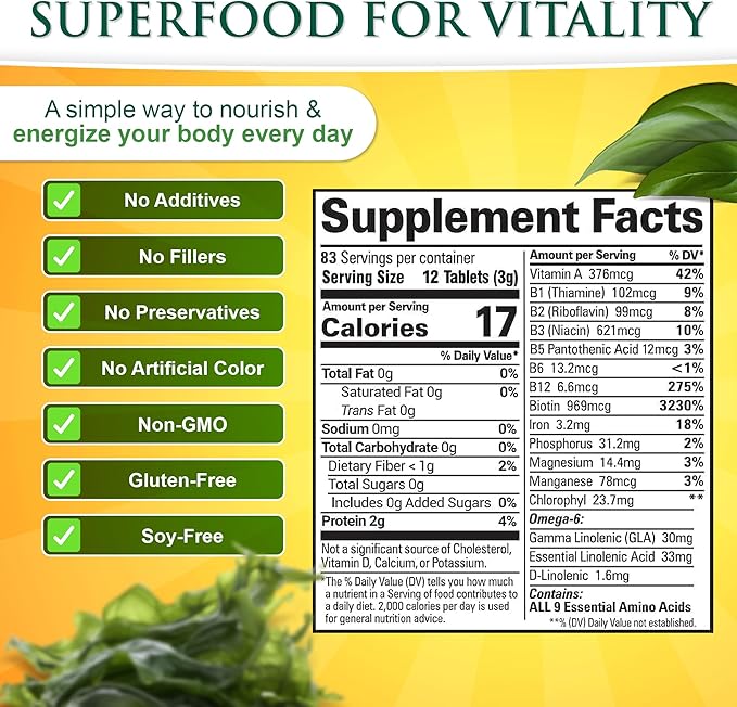 Sunlit Best - USDA Organic Spirulina Tablet - Natural Super Greens Supplements for Immune Support, Gut Health & Boost Energy Tablets with Chlorophyll, Vegan & High Protein Non GMO, 1000 Superfood Tabs