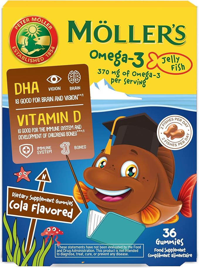 MÖLLER'S Omega 3 Capsules, Natural Fish Oil Omega3 for Kids with DHA and EPA, No Gluten, Lactose or Added Sugar & Easy to Chew, Cola Flavor, 36 Capsules