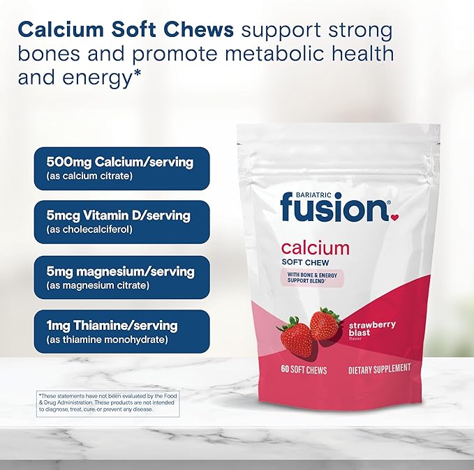 Bariatric Fusion Bariatric Calcium Supplement Chews | Calcium Citrate with Vitamin D3 Bariatric Vitamin | Sugar Free Chewable | 500mg | Strawberry | 60 Count