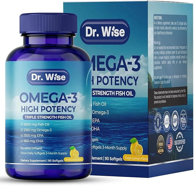 Triple Strength Omega 3 Fish Oil 3600mg – 1300mg EPA & 860mg DHA- Once Daily – Burpless Lemon Flavor, – Supports Heart, Brain, Joint & Eye Health – Wild Caught, Non-GMO, 90 Softgels, 3-Month Supply