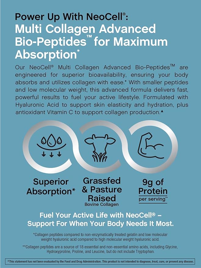NeoCell Multi Collagen Bio-Peptides Powder | 22oz | Advanced with Hyaluronic Acid and Vitamin C | 10 Super Types of Collagen | Superior Absorption | Grassfed Protein Supplement |