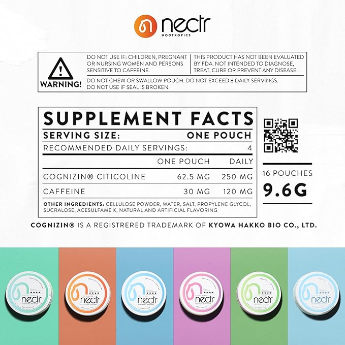 Nectr Nootropic Energy Pouches, Focus & Energy, Mild Mint, Cognizin 62.5 mg, Caffeine 30 mg, 16 Pouches, Neuro Support, Sugar Free, 1 Can