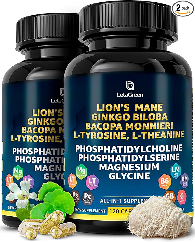 Organic Lions Mane Supplement Capsules - 240 Real Mushrooms Lion's Mane Capsules with Ginkgo Biloba Herb, Bacopa Monnieri, L Theanine, L Tyrosine - Mushroom Complex for Daily Wellness
