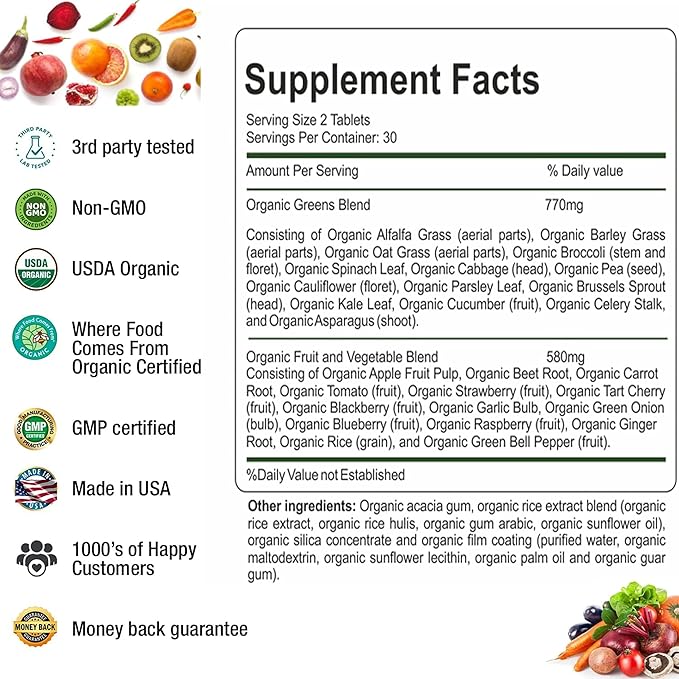 Organic Superfood Greens Fruits and Veggies Complex - Best Dietary Supplement with 14 Greens and 14 Fruits & Vegetables with Alfalfa & Antioxidant Organic Ingredients Non-GMO 240 Capsules