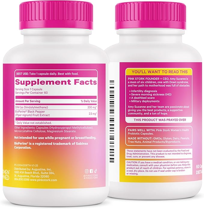 Pink Stork DIM Supplement for Women - Estrogen and Hormone Balance for Menopause, Perimenopause & PMS - DIM 200 mg Plus BioPerine for Mood Support - 60 Day Supply