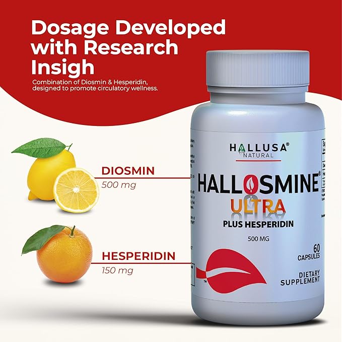 Hallosmine ULTRA Diosmin 500mg & Hesperidin 150mg + FREE Cream for Veins, Support for Circulation & Veins, Heavy Legs - Diosmin Hesperidin Horse Chestnut + Aloe Vera, 02 Bottles, 120 Caps + Cream 4 oz