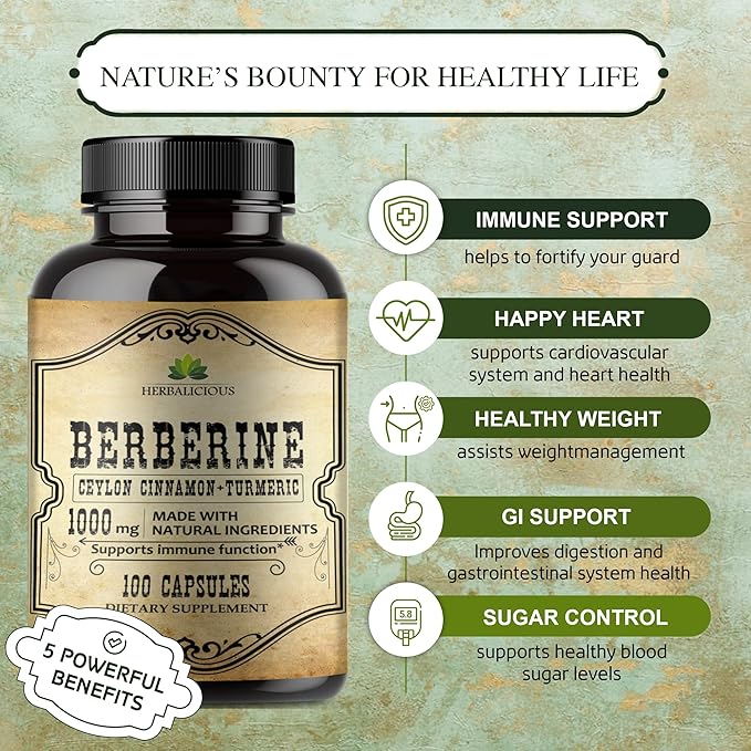 Berberine Capsules Ceylon Cinnamon & Turmeric - Berberine HCL Dietary Supplement for Men and Women – Non GMO Berberine 1000mg – Ideal for Immune Support, Heart, Cholesterol Level