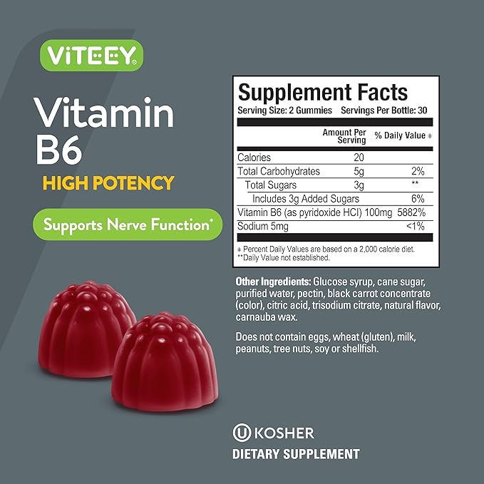 Viteey Vitamin B6 Gummies - Energy, Nerve & Mood Support - B6 Vitamins 100mg - Vegan, Gluten Free, GMO Free - 120 Count