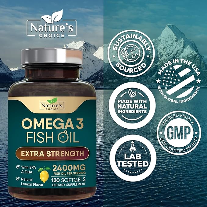 Omega 3 Fish Oil Supplement 2400 mg - Triple Strength EPA & DHA Fish Oil Omega 3, Essential Fatty Acids Supplement Softgels, Brain & Heart Health Support Supplements, Gluten Free Non-GMO, 120 Softgels