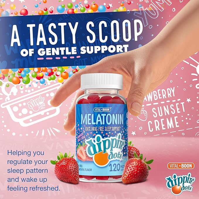 Dippin' Dots - Melatonin Sleep Support Gummies (120 Count) Strawberry Sunset Creme Flavor Chews | 2.5mg Per Gummy Sleep Supplement for Children and Adults | Supplement for faster Faster & Longer Sleep
