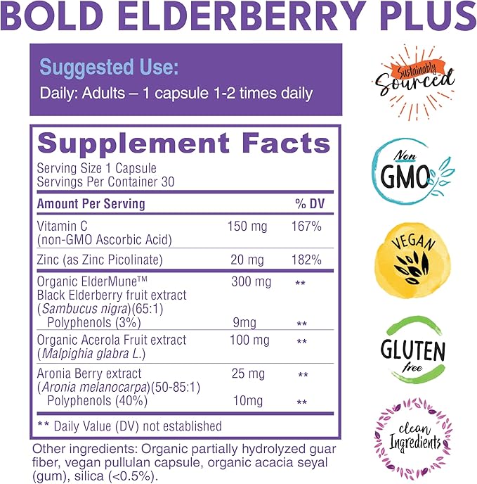 Elderberry Plus - 65x Concentrated Black Elderberry Extract with Zinc & Vitamin C for Daily Immune Support & Seasonal Wellness - Non-GMO, 30 Vegan Capsules