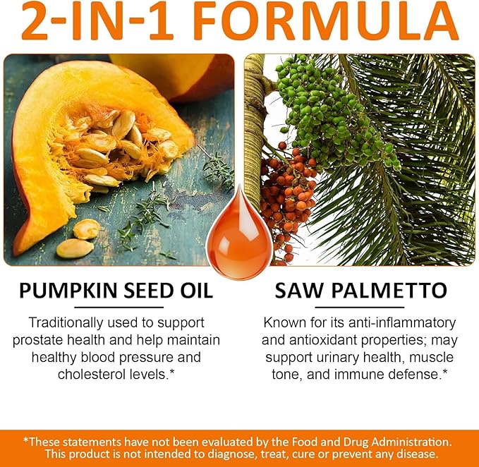 Pumpkin Seed Oil Capsules, Pumpkin Seed Oil with Saw Palmetto Capsules Cold-Pressed 1,000 mg per Serving, Supports Prostate Function, Hair Health, Rich in Essential Fatty Acids & Zinc