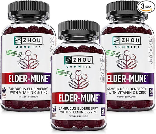 ZHOU Elder-Mune Elderberry Gummies - Black Elderberry Vitamin C, & Zinc, Daily Immune Support Supplement for Women & Men, Natural Chews for Adults & Children 4 & Up - 60 Gummies (3 Pack)
