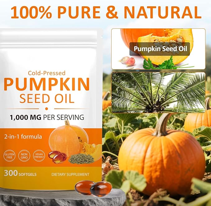 Pumpkin Seed Oil Capsules, 2-in-1 Formula with Saw Palmetto for Hair, 1000mg 300Softgels Rich in Fatty Acids | Supports Hair Heart