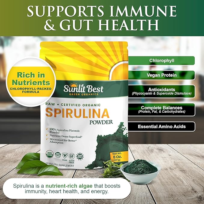 Sunlit Best USDA Organic Spirulina Powder - Blue-Green Algae, Raw & Vegan Source of Protein & Chlorophyll | Non-GMO & Gluten-Free Superfood Energy Drink | Immune Support Supplement, 8 oz - 3 Pack