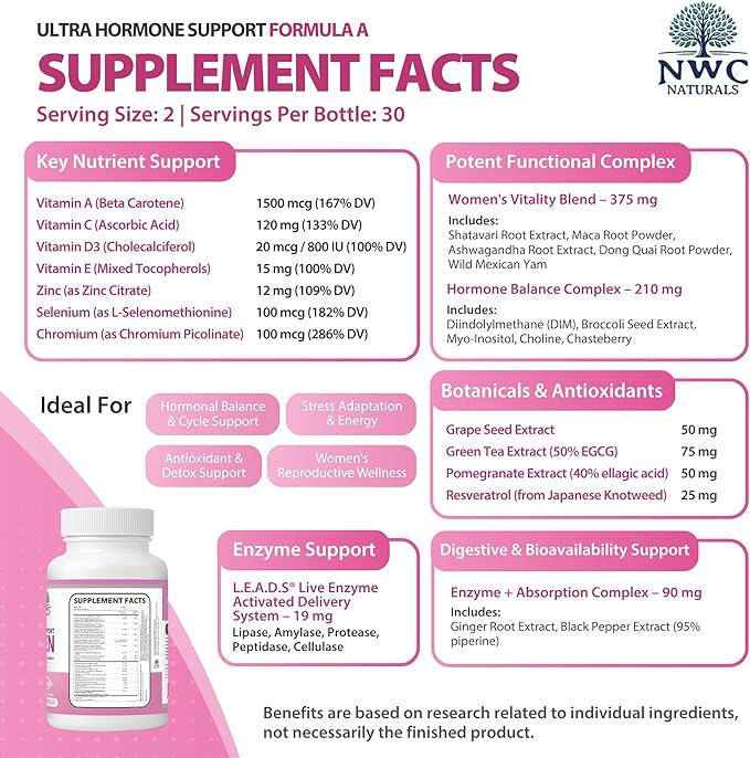 NWC Naturals Ultra-Hormone Support Formula A – Hormone Harmony for Women & Foundational Hormone Balance for Women, 180 Capsules – Cycle & Menopause Support with Organic B-Vitamins & Herbal Extracts