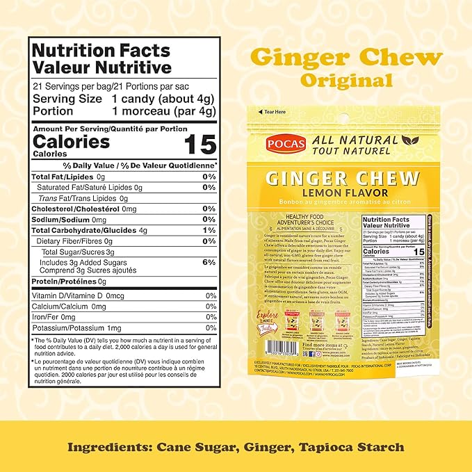 Pocas Lemon Ginger Chews - Sweet and Zesty Ginger Chew, Individually Wrapped Low-Calorie Snacks, Ginger Candy Made with Pure Cane Sugar, 3 Oz Ea (Pack of 4)