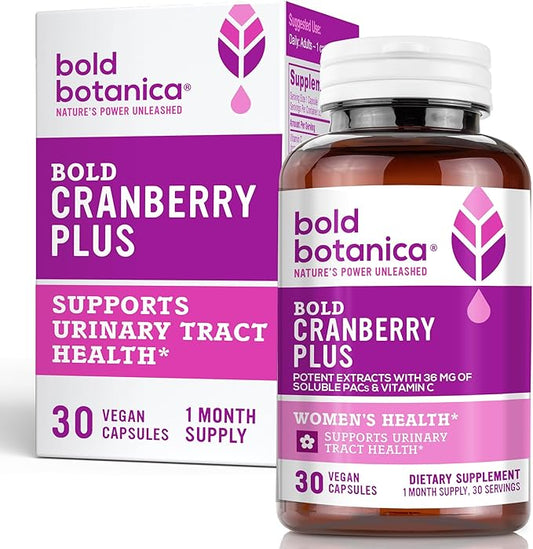 Bold Cranberry Plus – 36 mg PAC 100% Soluble from Juice Extract– Urinary Tract UTI Support- Cranberry Pills for Women & Men- with Non-GMO Vitamin C – 30 Vegan Capsules