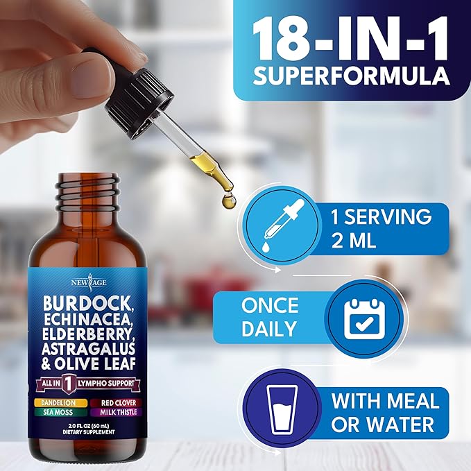 NEW AGE Lymphatic Drainage Supplement - Burdock Lymphatic Support Drops - Burdock Root, Mullein, Echinacea, Elderberry, Dandelion, Astragalus, Milk Thistle, Red Clover - 4 oz