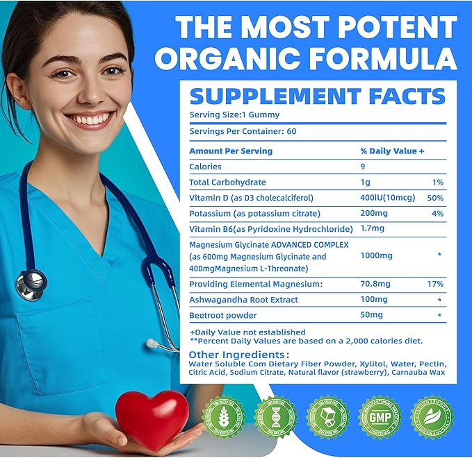 Potassium Magnesium Gummies,Potassium Supplement w/Ashwagandha,High Absorption Magnesium Glycinate,B6,D3,Potassium Citrate for Leg Cramps,Muscle,Electroyte for Adults Kids,Sugar-Free, 60 Gummies
