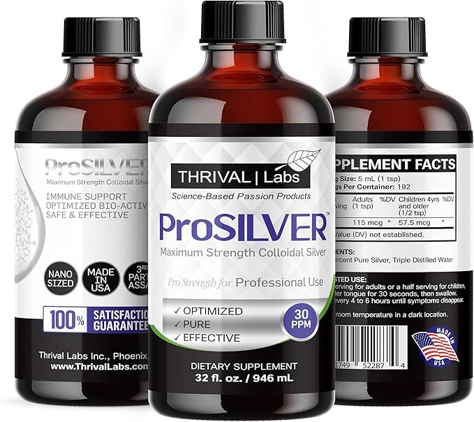 ProSILVER Black Label Pro-Strength Colloidal Silver for Immune Support, 30 PPM Maximum Strength for Professional Use, Dark Glass Bottle - Thrival Labs (64oz)