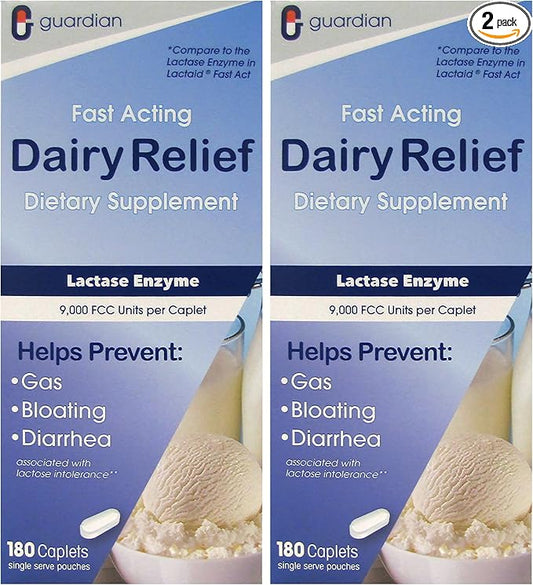 Guardian Dairy Relief Fast Acting Lactase, 360 Caplets, 9000 FCC Maximum Strength, Lactose Intolerance Pills, Lactase Enzyme Supplement (360 CT)
