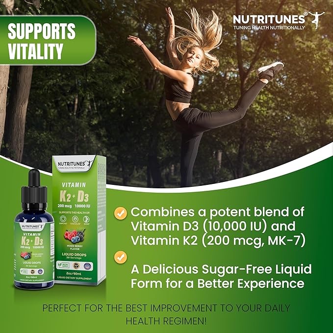 K2 D3 Liquid Drops–Vitamin D3 10,000 IU & Vitamin K2 200 mcg – High-Potency Supplement for Bone, Immune, and Heart Health – Mixed Berry Flavor, Non-GMO, Easy-to-Use – 30 Servings (2oz)