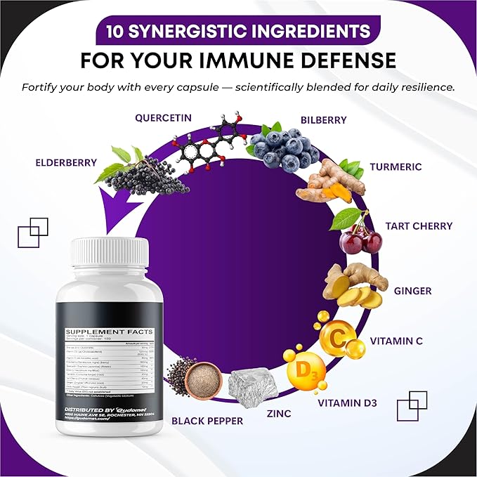 Elderberry Quercetin Bilberry Turmeric Tart Cherry Ginger Vitamin C Vitamin D3 Zinc Black Pepper -150 Capsules- Made in USA