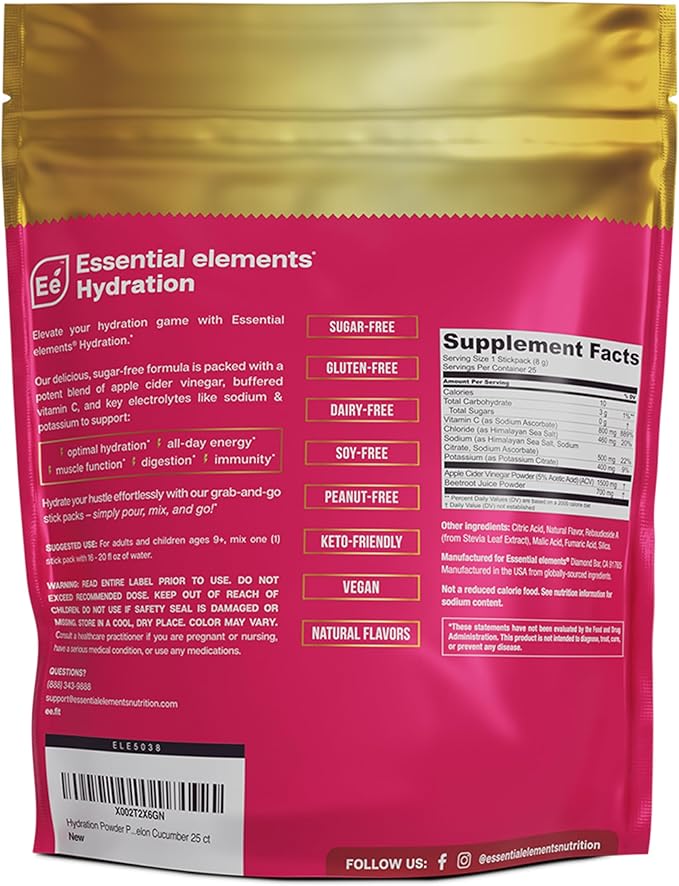 Essential Elements Hydration Packets - Watermelon Cucumber Pack - Sugar Free Electrolytes Powder Packets - 50 Stick Packs of Electrolytes Powder No Sugar - Hydration Drink - with ACV & Vitamin C