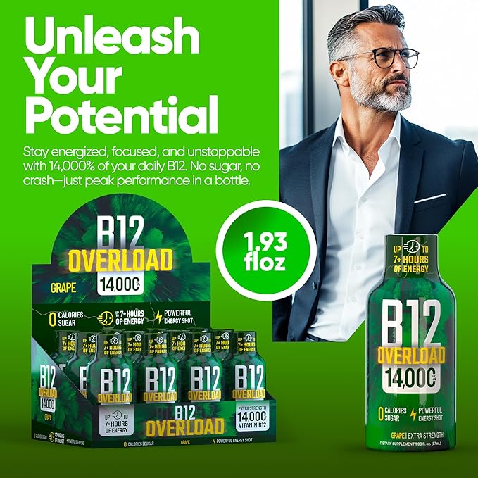 B12 Overload Extra Strength Energy Shot – Grape – 260mg Caffeine, 14000% B12, Electrolytes – Energy & Vitality Support – Zero Sugar No Calories – Vegan, Kosher, Gluten-Free – 1.93 fl oz, 24 -Pack
