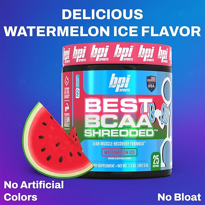 BPI Sports Best BCAA Shredded - Caffeine Free Thermogenic Recovery Drink, Lean Muscle Building BCAA Powder For Women and Men, Preworkout BCAAs Amino Acids Drink- Watermelon ICE - 25 Servings